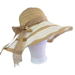 Womens Unbranded White and Tan Stripes Tie Ribbon Synthetic Wide Bucket Hat